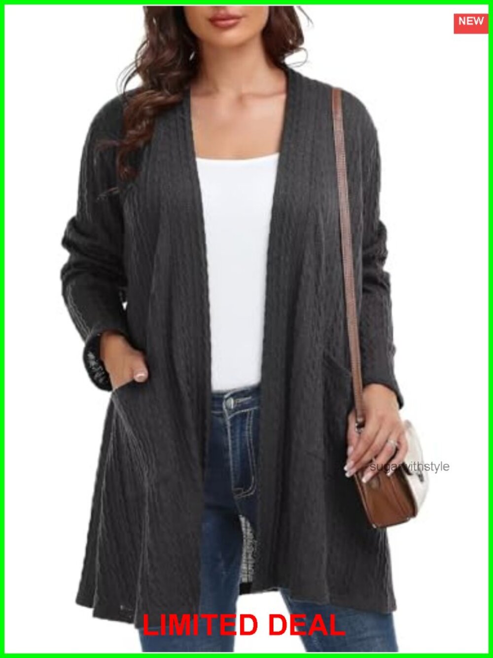 Plus Size Open Front Cable Knit Cardigan Sweater with Pockets
